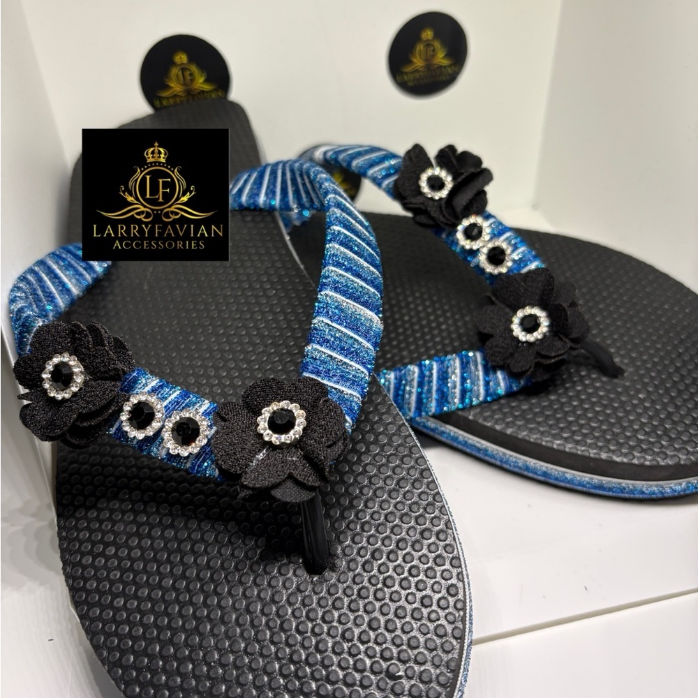 Larry Favian Blue and Black Floral Flip Flops